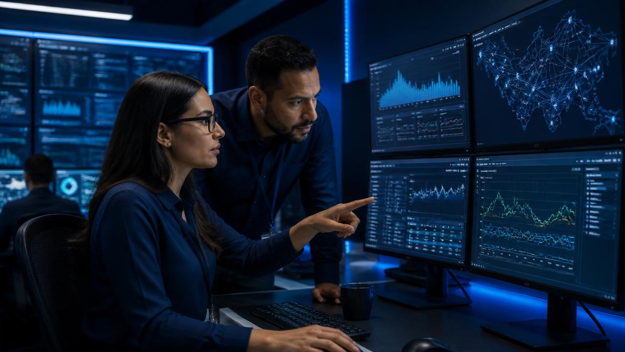 Equipe de especialistas em TI monitorando infraestrutura de rede